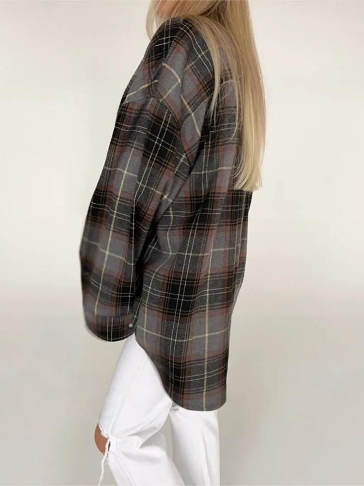 Primavera Autunno Nuovi Top Moda Camicia da donna scozzese allentata Camicette a maniche lunghe con risvolto vintage Elegante top classico Abbigliamento femminile