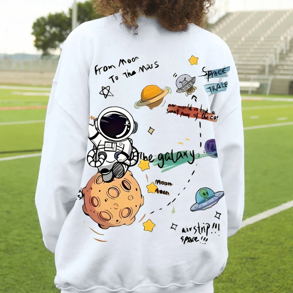 Cartoon Astronaut Space Adventure Print Sweatshirt Casual Style Long Sleeved Hoodie Comfortable Loose Unisex Classic Pullover