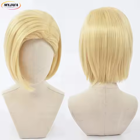 Android 18 Cosplay Wig Short Blond Heat Resistant Synthetic Hair Anime Role Play Wigs + Wig Cap