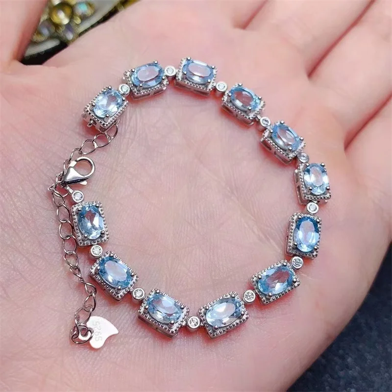 

Natural Blue Topaz Real Original S925 Silver Bracelet for Women with Certificate 15+3cm