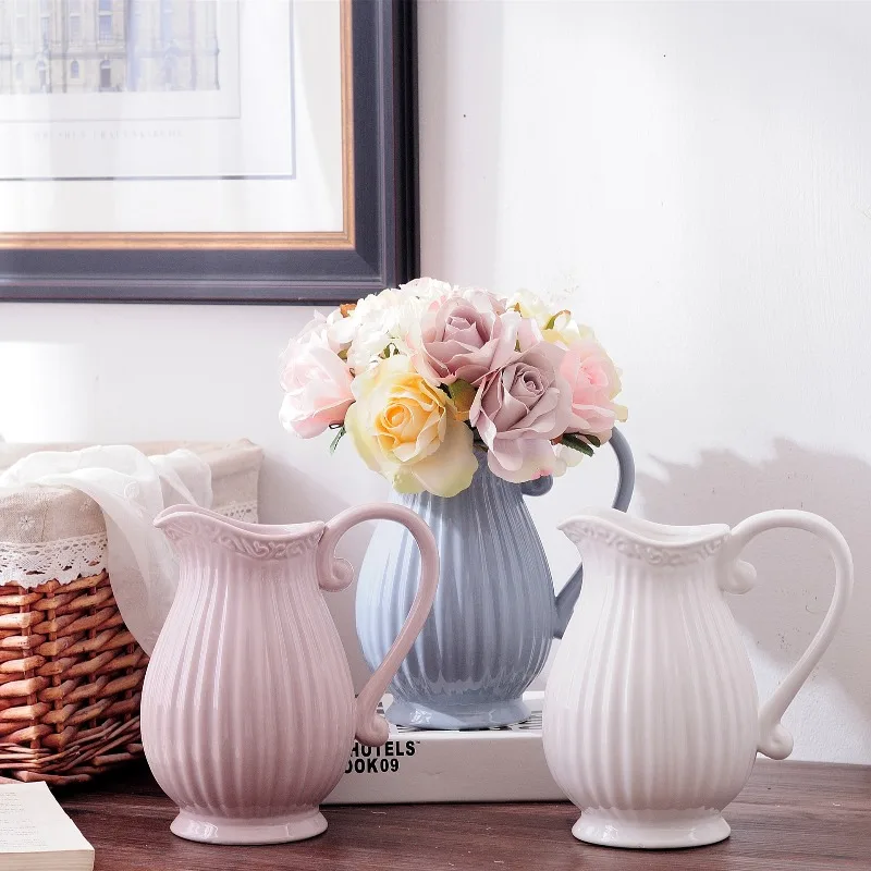 European Style White Porcelain Ceramic Flower Pot Bottle, White Gray, Blue Pink,Can Store Water Splashes, Flower Home Decoration