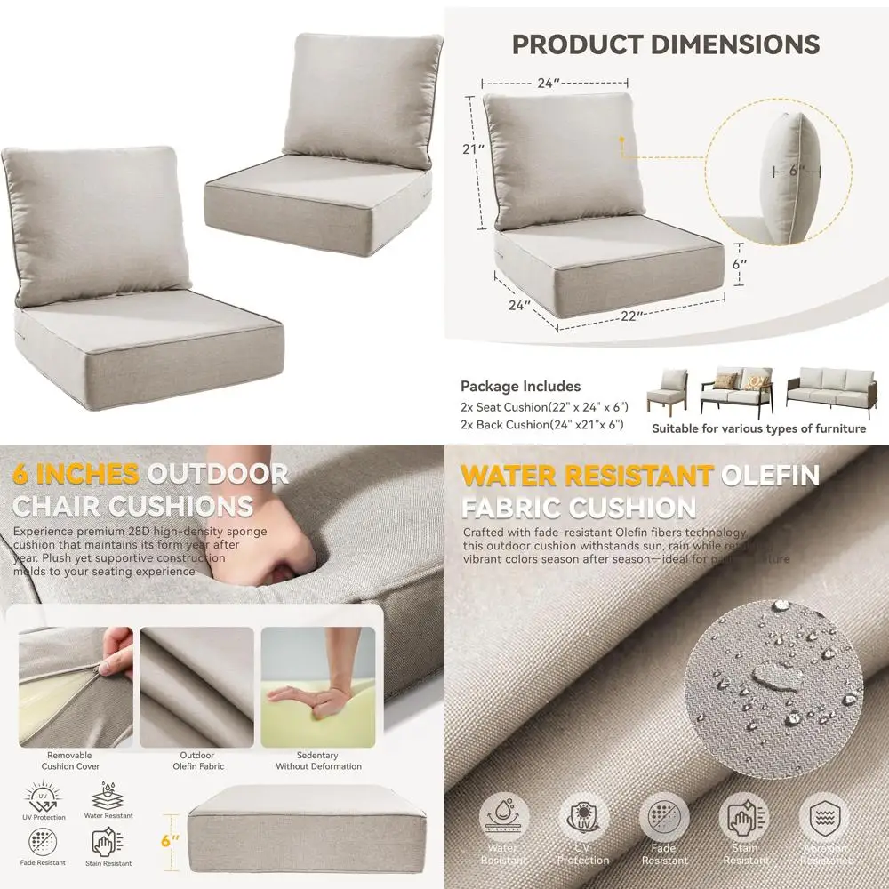

UV and Water Resistant Outdoor Cushion Set for Patio Furniture - Thick 6 Inch Foam, 22x24 Inch Garden Cushions