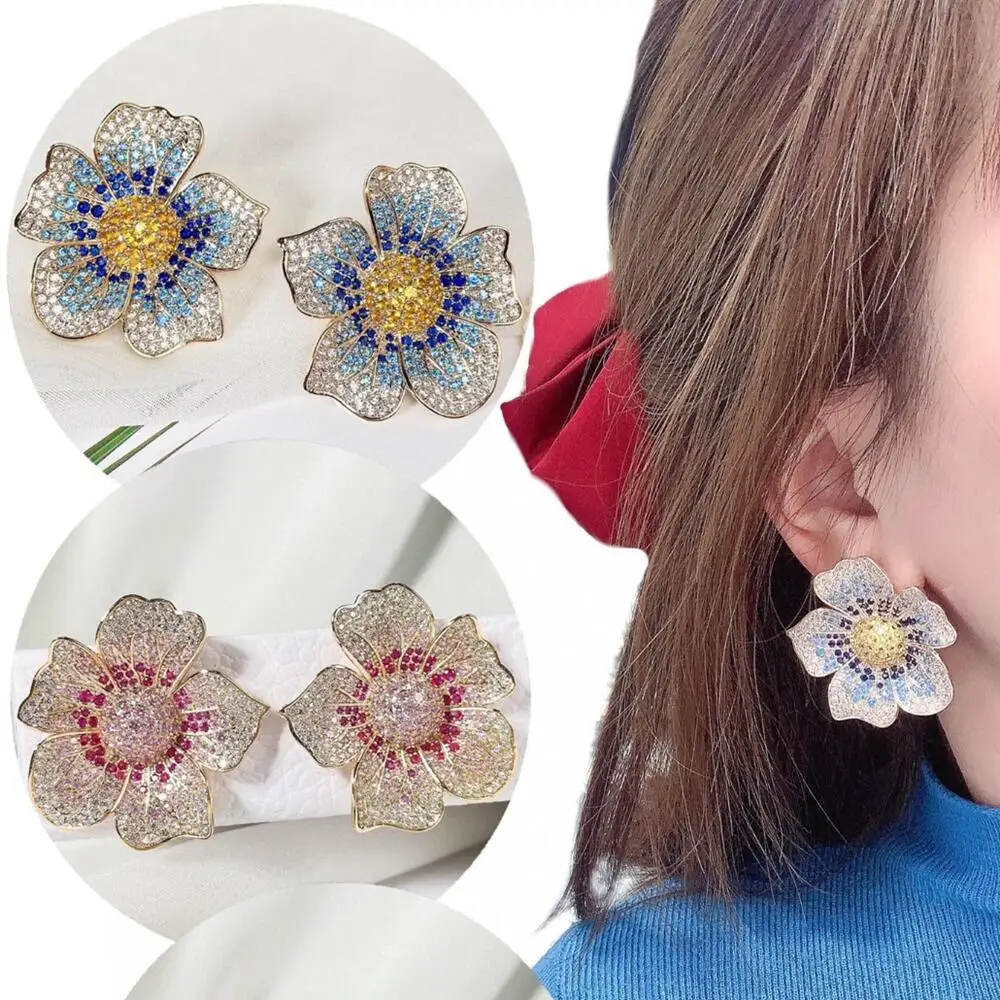 SENYU Large Lady`s Flower Earrings Elegant Stereoscopic Leaf Luxury Women Jewelry for Party Banquet Fit Ears Big Flower Earring