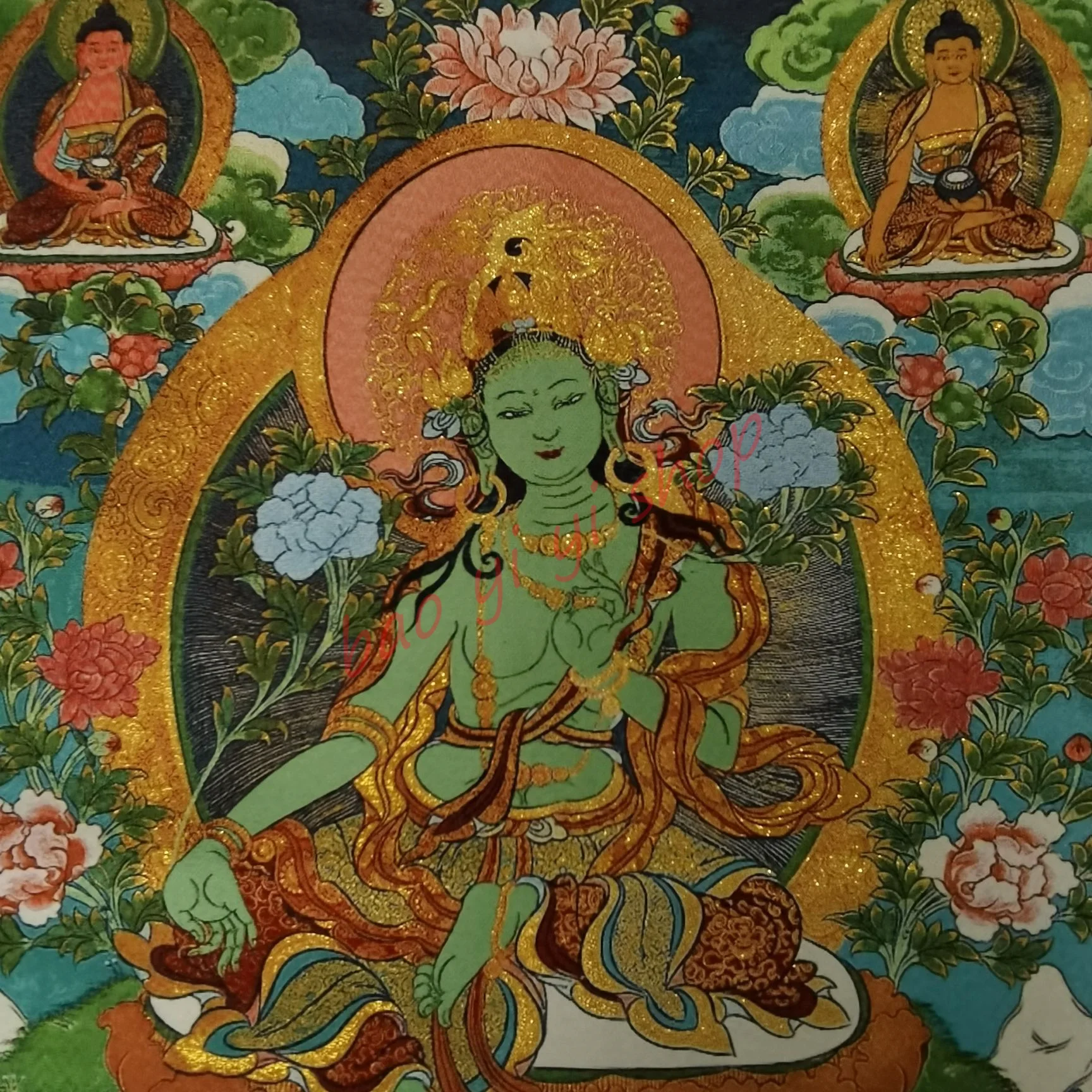 Ritratti decorativi religiosi Thangka, Tara verde, Casa di città guardano gli spiriti maligni