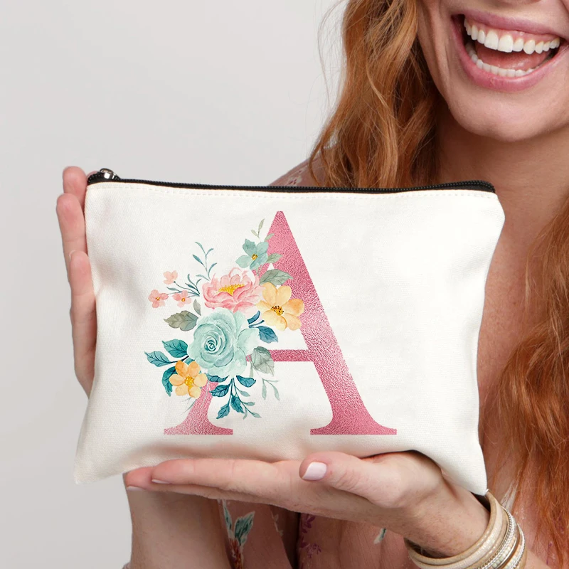 Floral Initials A-Z Pattern Women Cosmetic Bag Unique Gifts for Teachers Friends Students Bridesmaids Toiletry Bag Organizer Bag