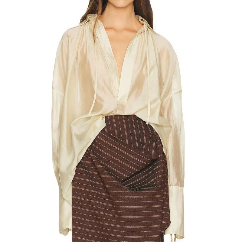 

Spring New Women's CollaredShirt withPleats And Sashes High-QualityPearlescentDrapey Loose Versatile Dopamine Color Casual Shirt