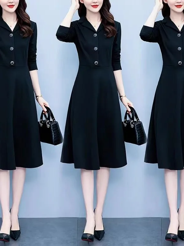 

Slimming A-Line Midi Dr for plus Size Women Autumn Spring Thin Long Sve V-Ne Casual Comfortable Polyester Fiber Dr