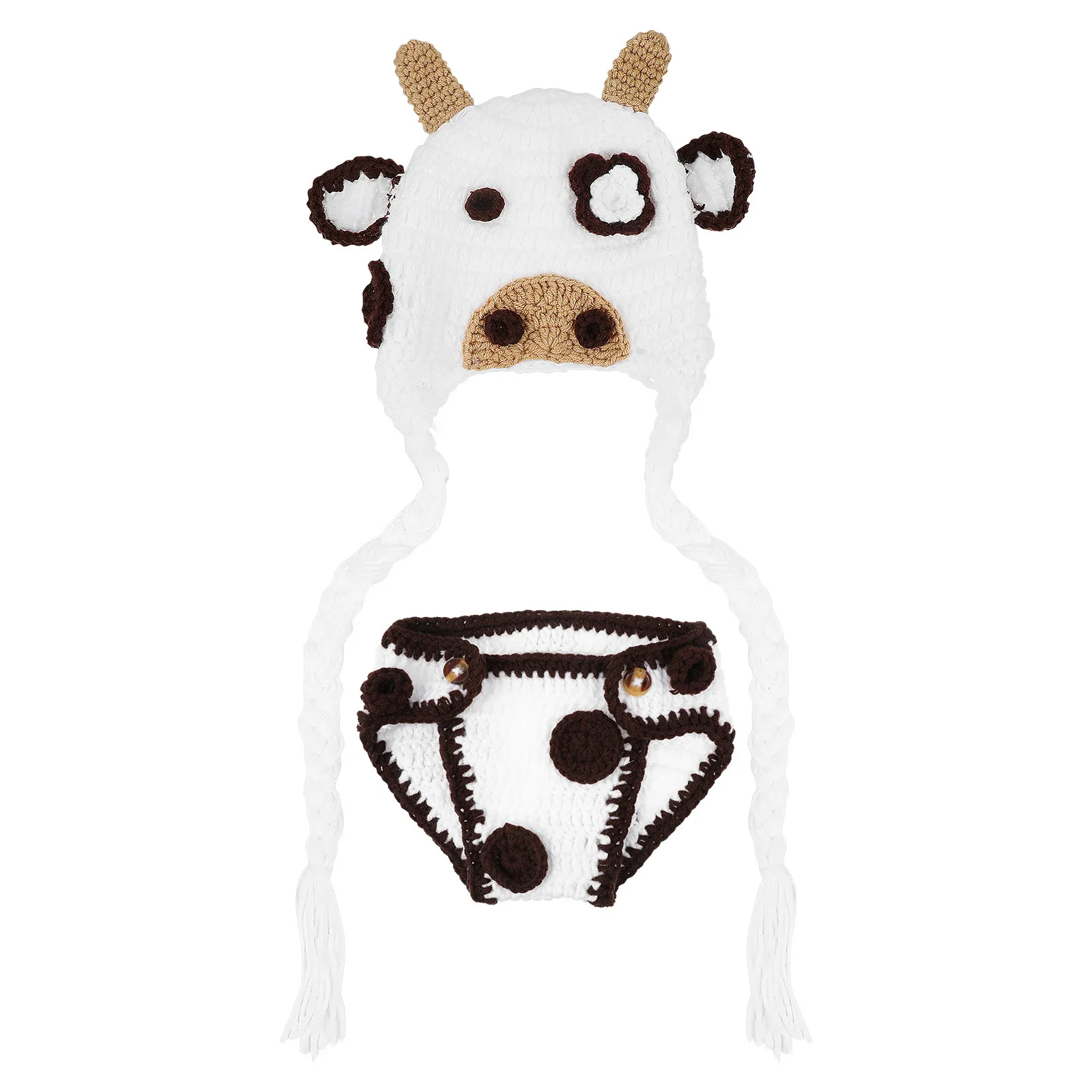

2Pcs Baby Photography Outfit Knitted Cow Hat and Pants Set Newborn Infant Costume Breathable Soft Elastic for Hundredth Day