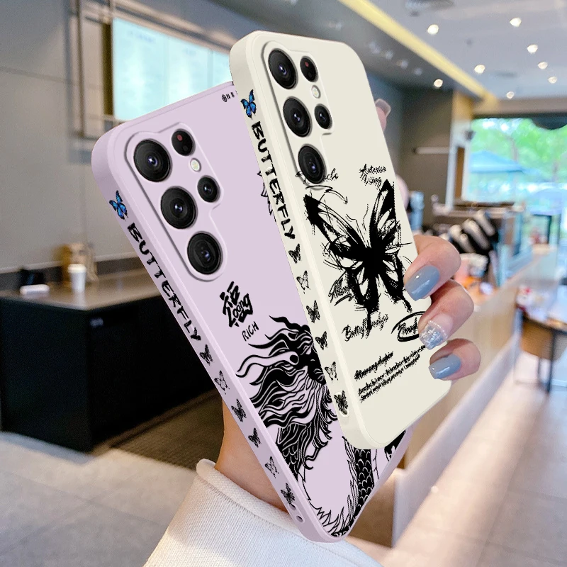

Dragon Butterfly Leisure Art Liquid Left Rope For Samsung Galaxy S24 S23 S22 S21 S20 FE S10 Ultra Plus Lite 5G Back Phone Case