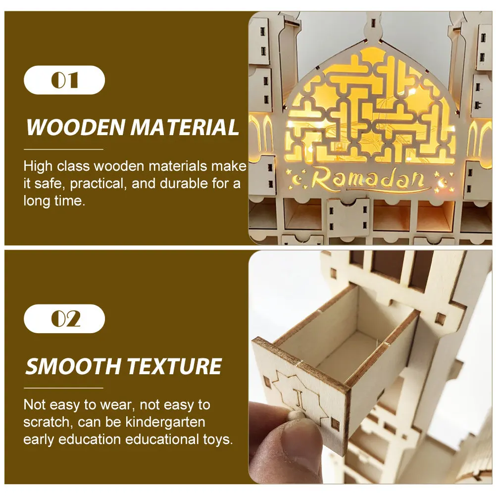 

Ramadan Eid Mubarak Wooden Decoration Exquisite Hollow Pattern Muslim Festival Home Ornament Wooden Tabletop Adorn Islamic Wood