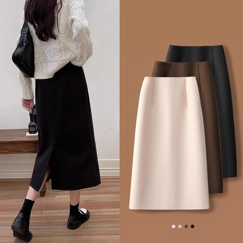 

Autumn Winter Female Korean Solid A-line Wool Skirts Girls Classic Fashion High Waist Skirts Women Retro Thin Mid-Long Dress