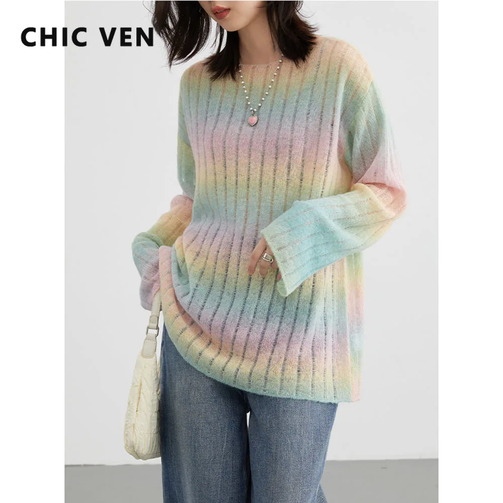 CHIC VEN Korean Women Sweaters Gradient Pullovers Loose Long Sleeve Knit Female Top Woman Jumpers Spring Autumn 2023