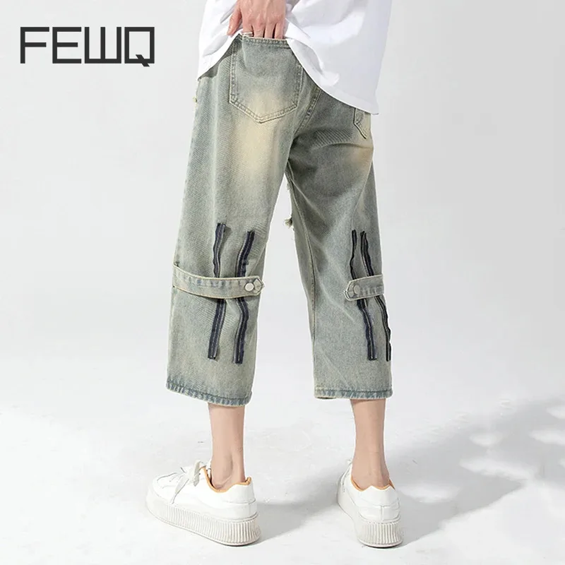 

FEWQ Men Jeans Summer Thin Trendy Loose Straight Leg American Fashion Zipper Design 2024 Broken Hole Design Male Pants 24X9011