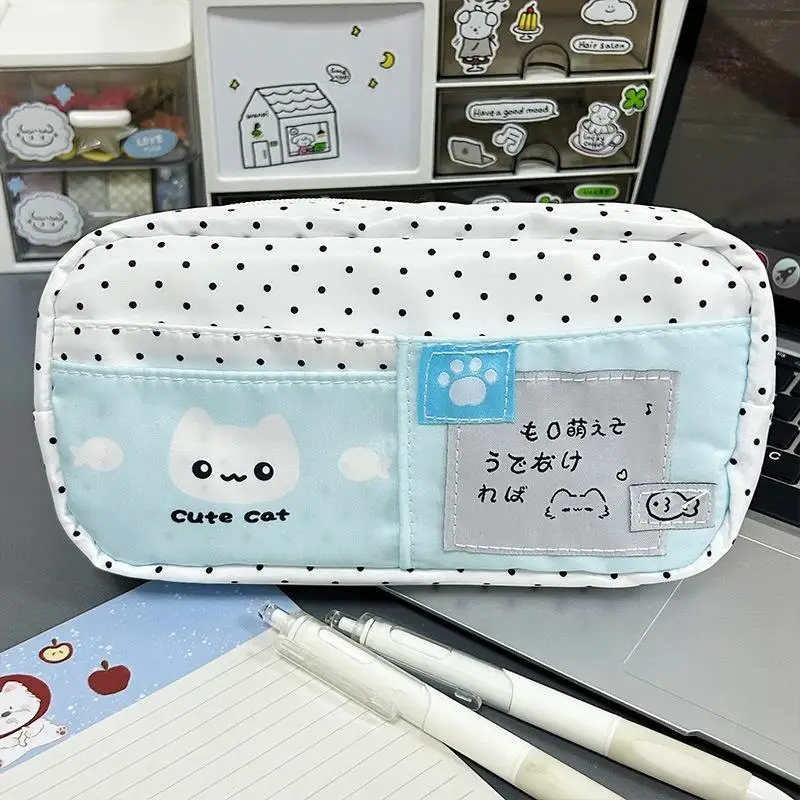 Large Capacity Blue Pencil Case Portable Cute Cat Polka Dot Design Stationery Bag for Kids Birthday Gifts