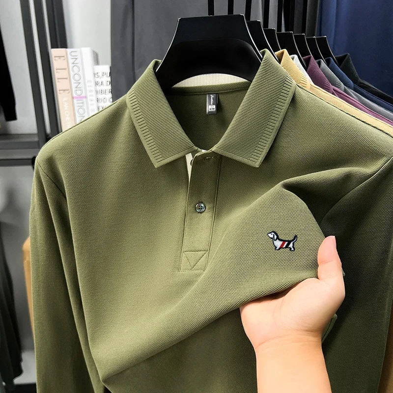 100%cotton Men's Autumn Long-sleeved Polo shirt High quality Collar Embroidery Puppy T-shirt Casual Fashionable Brand Men's wear