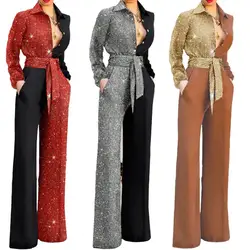 Shirt Collar Wide Leg Pants Women Jumpsuit Shiny Long Sleeve Patchwork Color Belt Pockets Jumpsuit Autumn Summer