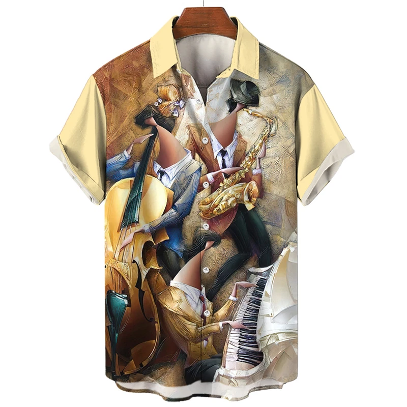 Men Summer Hawaiian Shirts For Men Music Guitar Abstract Printed Tops Clothing Fashion Casual Oversized Collar Rock Roll Blouses