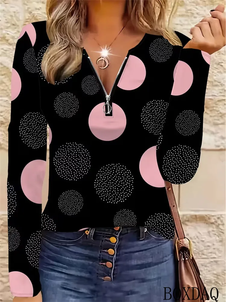 Autumn Women's Fashion Hoodies Long Sleeved Zipper V-neck Polka Dot Pattern Print Sweatshirt Woman Retro Casual Tops