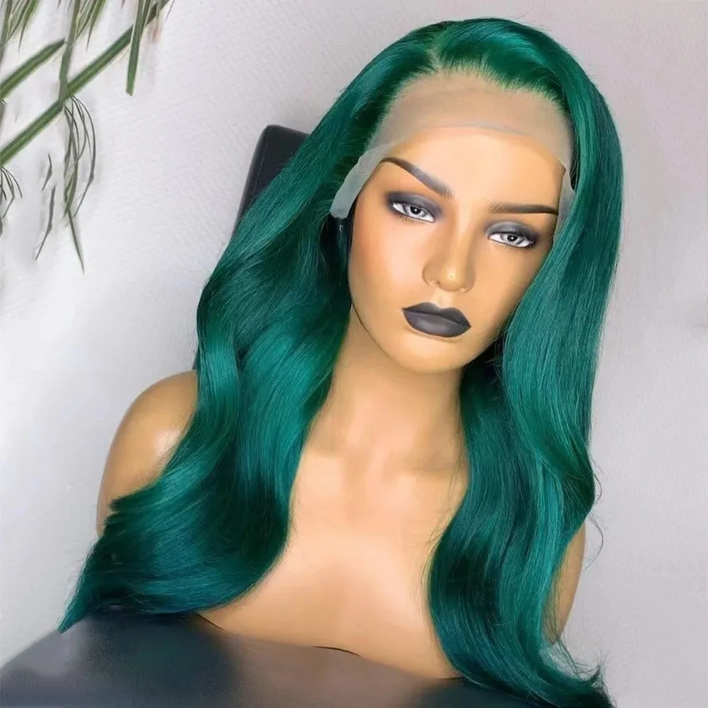 Green Colored Long Body Wave Wig Glueless Heat Resistant Fiber Hair Synthetic Lace Front Wigs for Women with Free Part