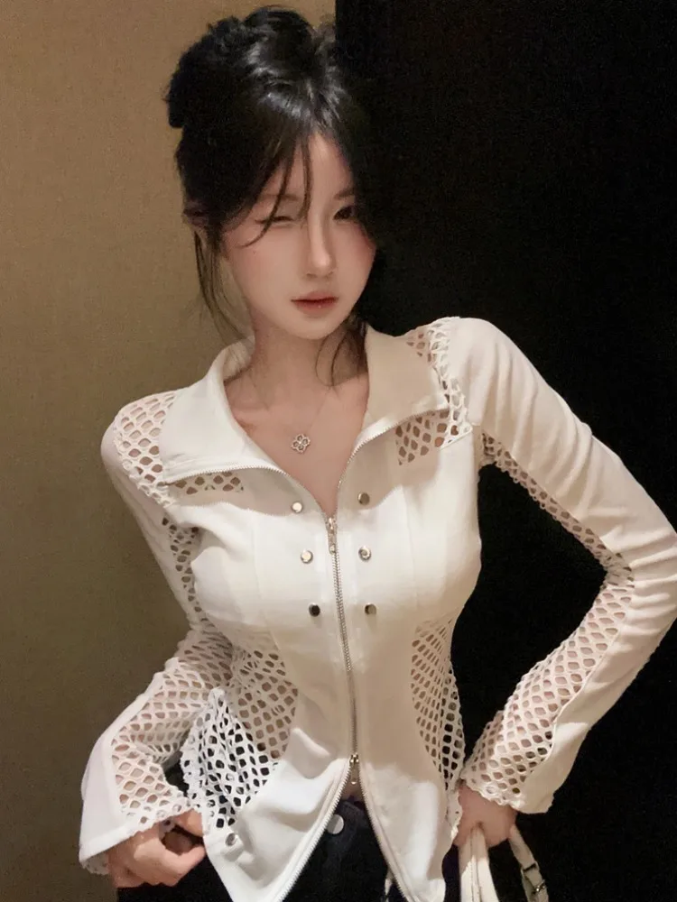 

Asymmetric Hollow out Long Sleeve Stand Collar Base Shirt Women's Autumn Winter High Fashion Inner Wear Zipper Cardigan Coat