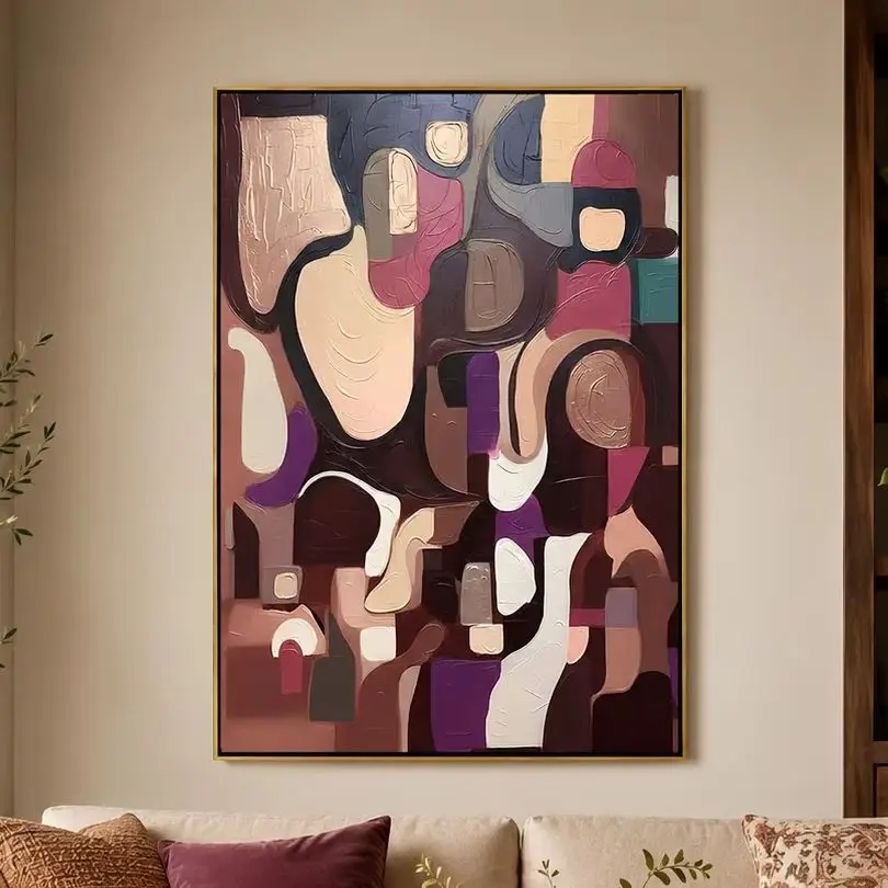 Mauve Mosaic – Hand-Painted Burgundy and Mauve Geometric Cubist Abstract Painting for Bedroom, Living Room, Office
