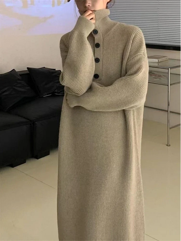 

Sweater Women Autumn Winter Korean Version Over Knee Button Neck Casual Fashion Lazy Style Bottom Knit Dress Women's Clothing