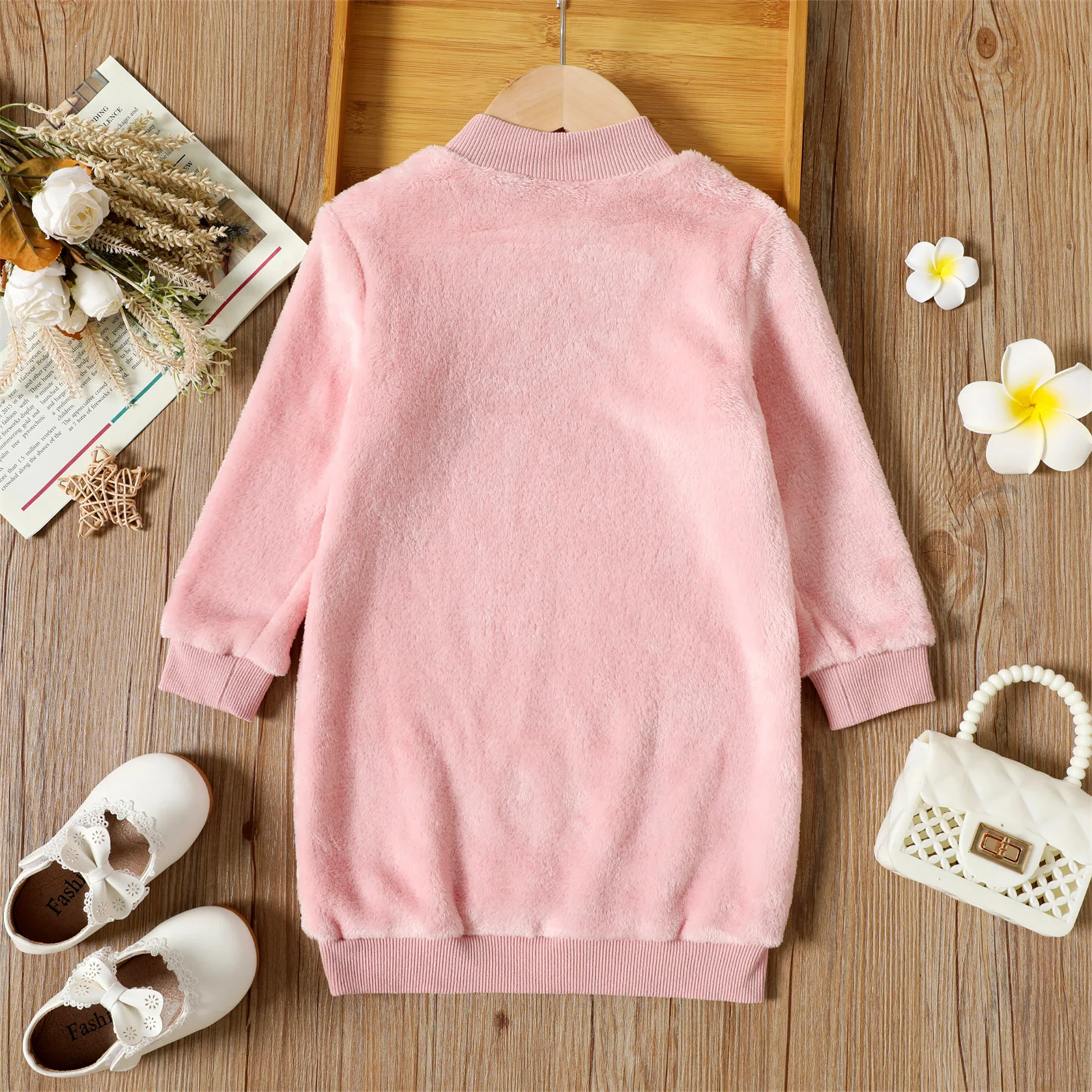 PatPat Toddler Girl Letter Embroidered Fleece Mock Neck Long-sleeve Pink Sweatshirt Dress