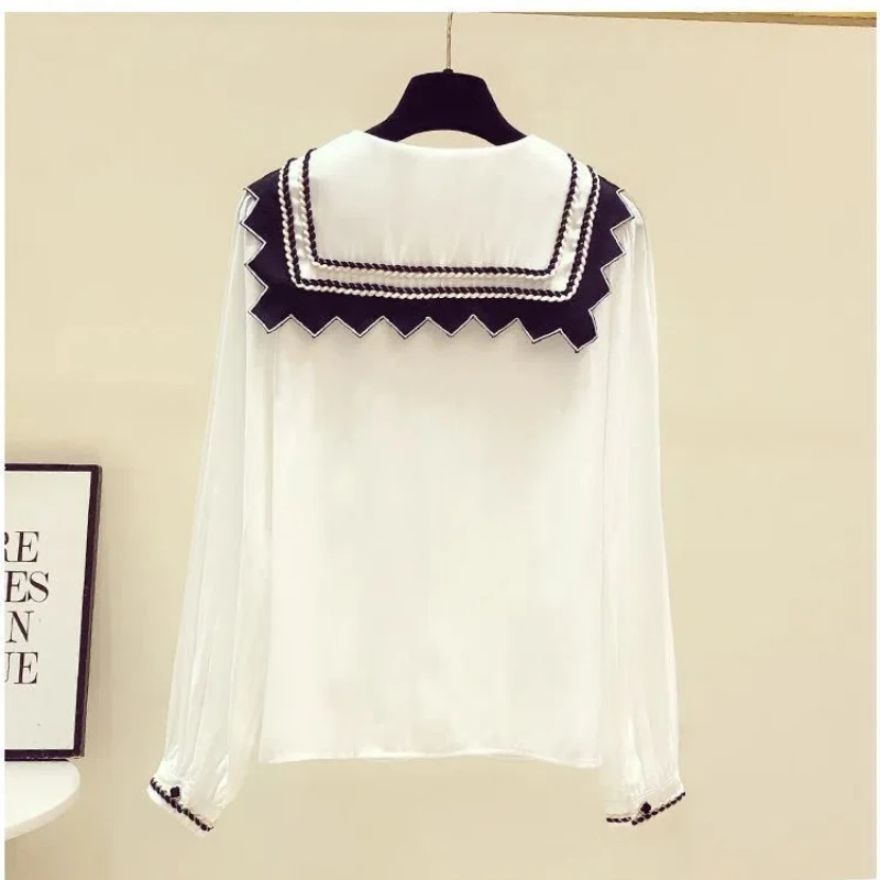 2024 Summer Casual Fashion Elegant Commuting Solid Color Button Navy Neck Design Sense Niche French Chiffon Long Sleeve Top