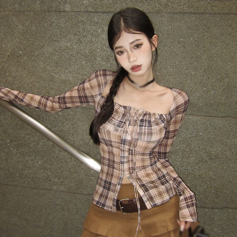 المرأة طويلة الأكمام ساحة الرقبة منقوشة القمم ، بلوزة ، تنوعا ، ضئيلة ، مثير ، موضة ، الخريف #6