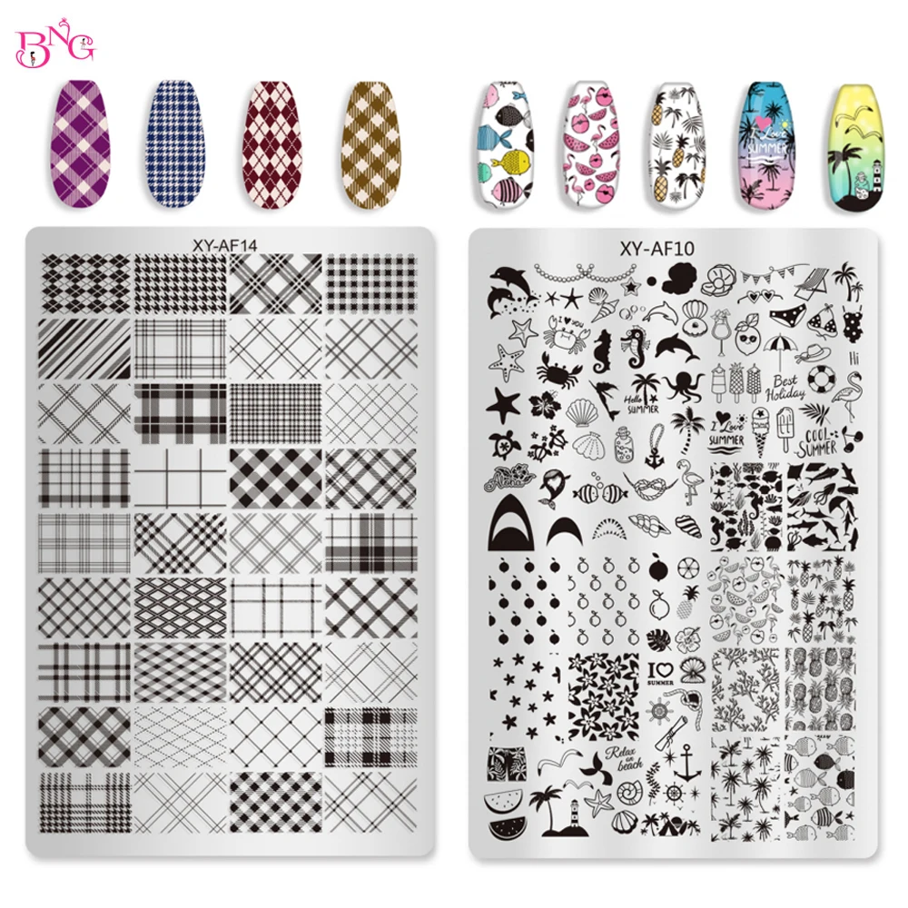 Image of BNG Schöne Nagelstempelplatten Karierte Blumen Nail-Art Bildplatten Sommer-Stempelvorlagen Maniküre DIY Druckwerkzeuge