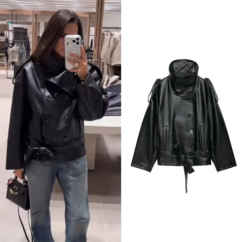 Guobioziy Women's Jacket 2026 Fall New Simple Casual Versatile Solid Color Long Sleeve Stand Collar Leather-Effect Belted Jacket