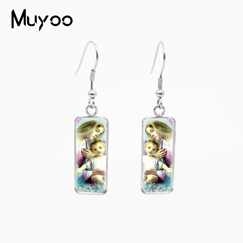 Jesus Christ Mother Mary Rectangle Fish Hook Earrings Jesus and Virgin Mary Jewelry Stainless Steel Fish Hook Earrings