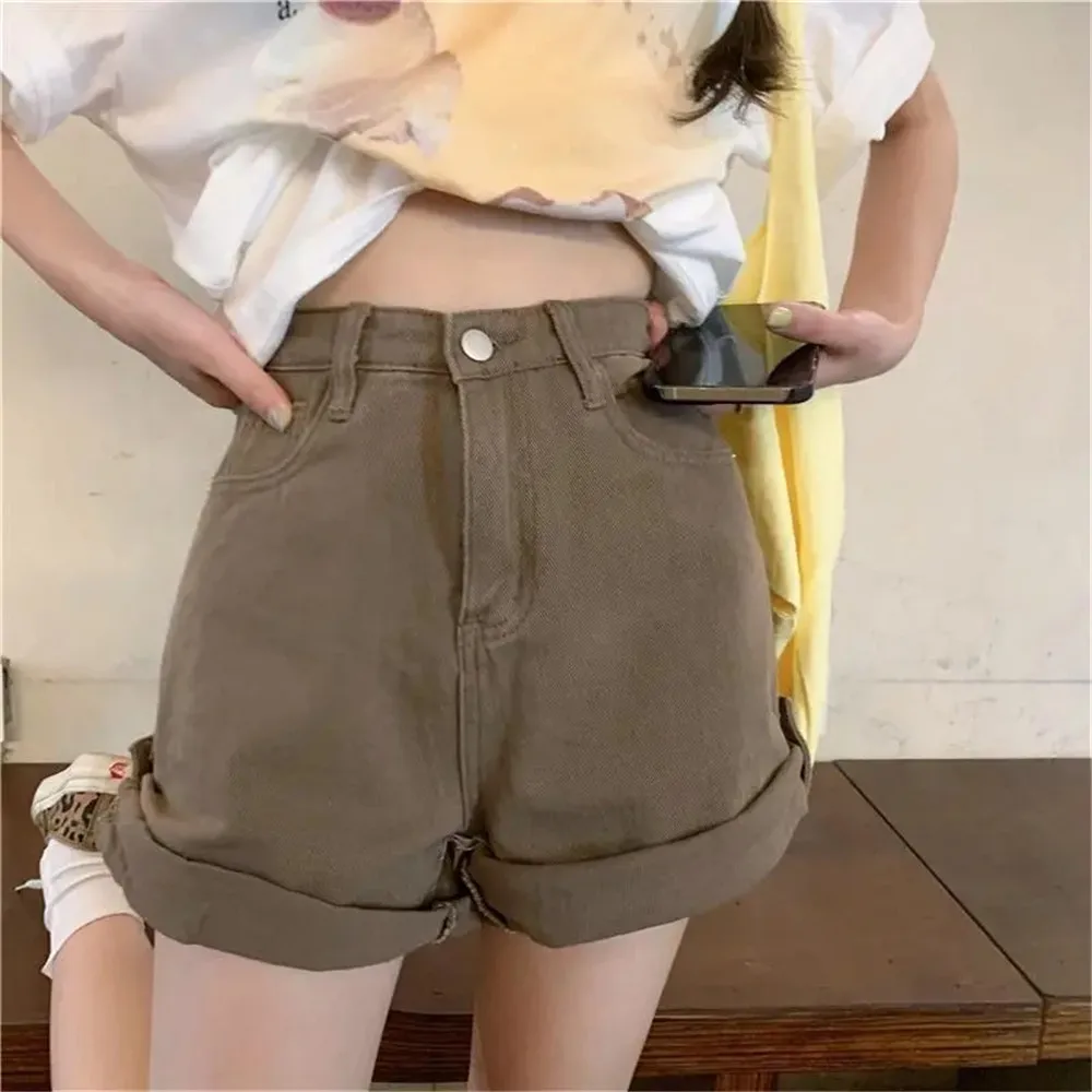 Brown Rolled Wide-Leg Denim Shorts Women Korean Retro High Waist Casual Jeans Pants 2022 Korean Summer Loose A Line Shorts Femme