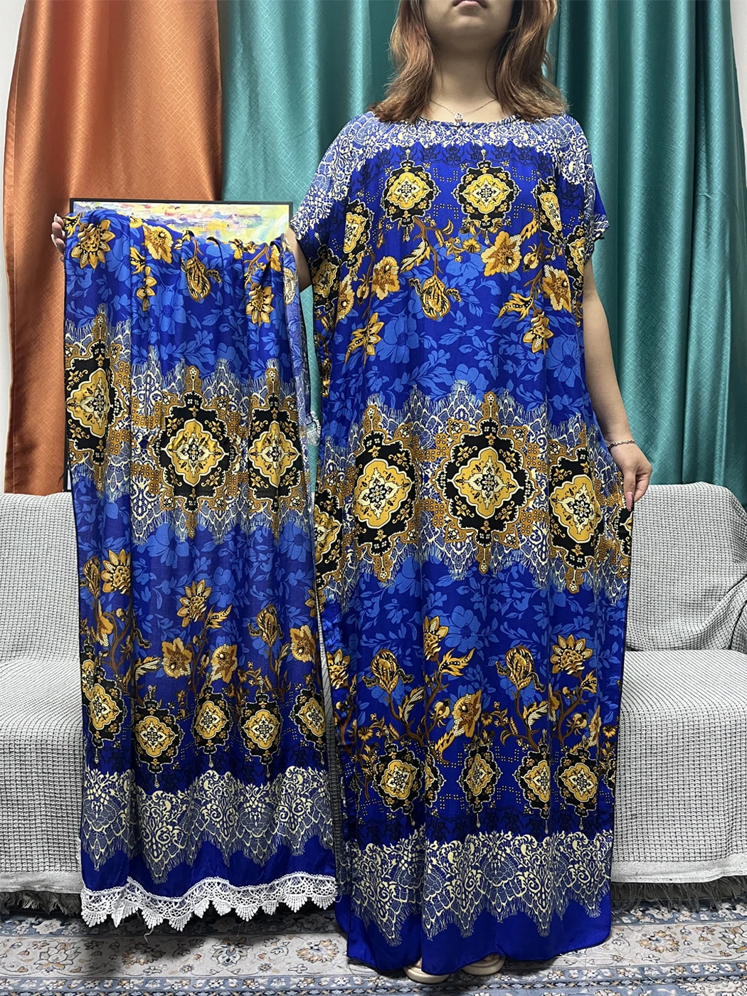 Conjunto de veste curta floral com o pescoço feminino, Abayas de algodão, solto, Africano, Nigéria, Tradicional com lenço, Dubai