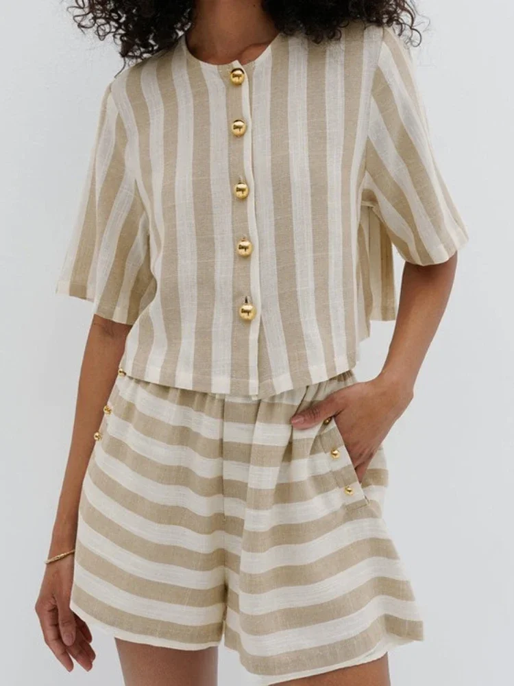 

Модные однобортные рубашки и шорты с круглым вырезом и короткими рукавами, новинка 2023 года, лето, офисный женский комплект из 2 предметов в полоску с принтом