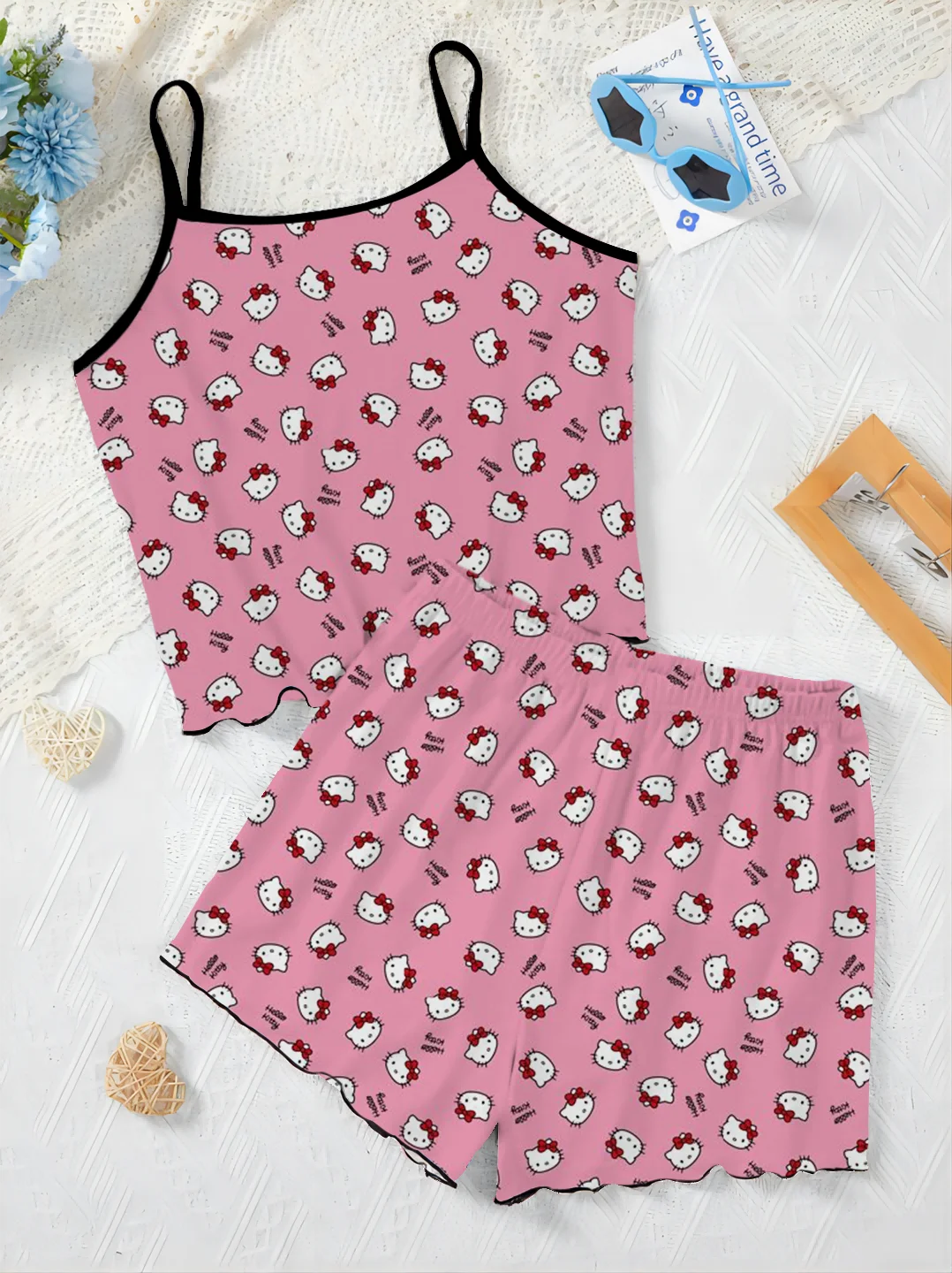 Top de vestido Hello Kitty para mulheres, camiseta e short, saia de pijama, roupas de calças, peças de alface, top elegante