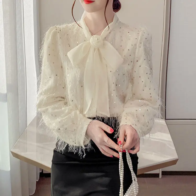 French Bow Tie Tied Chiffon Shirt with Women's Design Sense Bubble Sleeve Top Fashionable Sequin Tassel Long Sleeved Shirt