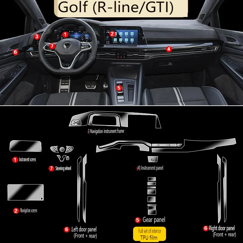 For 2023 VOLKSWAGEN Golf 8 Navigation Central Control Car Film R-Line GTI Interior Accessories TPU Transparent Protector Film