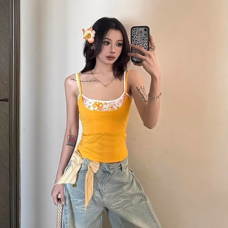 Spicy Girl Contrasting Color Floral Two Piece Camisole Vest Women Summer Dopamine Design Slim Fit Short Top