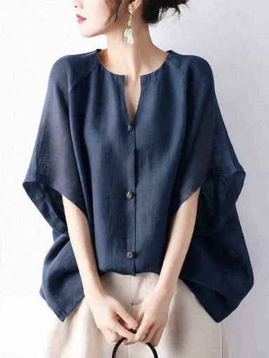 

Summer New Women's Pure Color round Neck Button up Midi Sleeve Loose Slimming Casual Versatile Shirt Casual Style Polyester F...