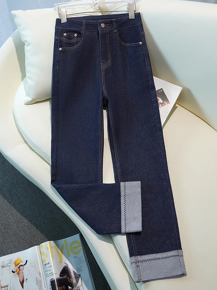 

Deep Blue Straight Leg Denim Jeans Women's High Waist Slim Fit Nine Tube Pants Spring Autumn New Style Small Size Fashionable