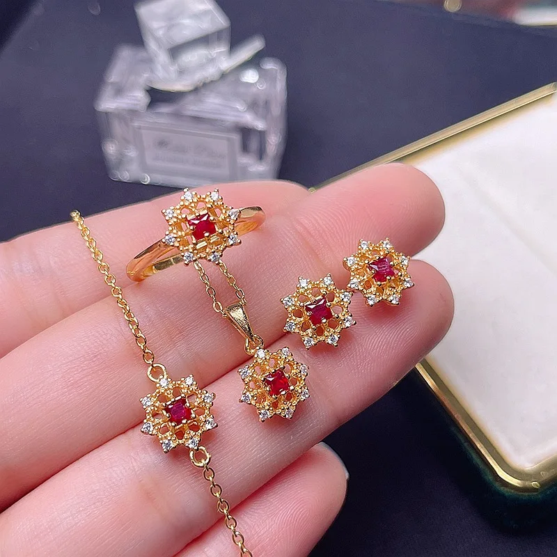 

Комплект ювелирных изделий из серебра 925 пробы с рубином, ожерелье из натурального драгоценного камня, кольцо, серьги, браслет, полная коллекция красных ювелирных изделий