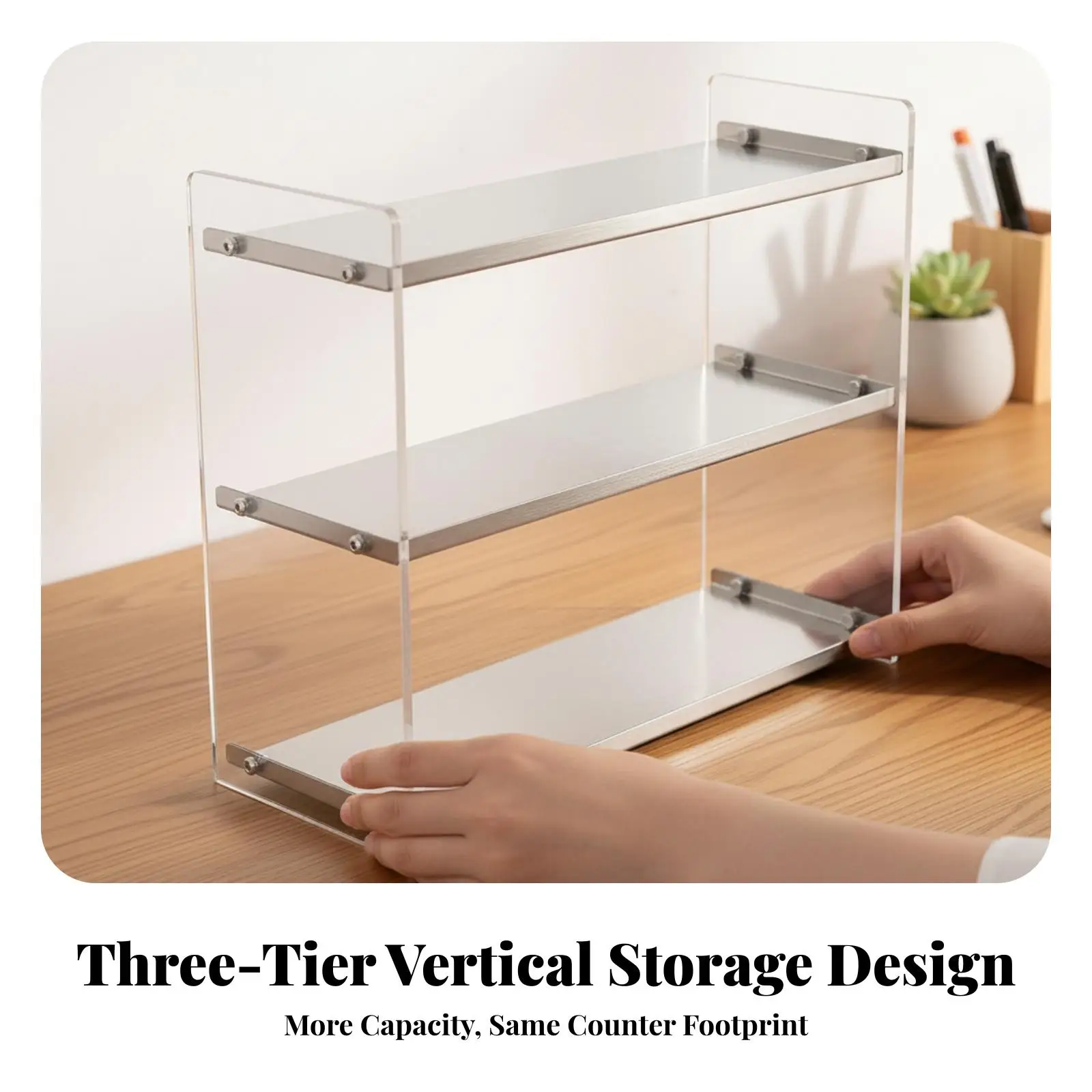 Countertop Organizer with Acrylic Frame | Antismudge Stainless Steel, Easy to Clean, 3-Tier Countertop Shelf, for Kitchen