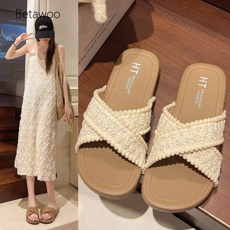 Ladies Vintage Crochet Knit Cross Band Slip-On Slides Breathable Summer Outdoor Daily Beach Footwear