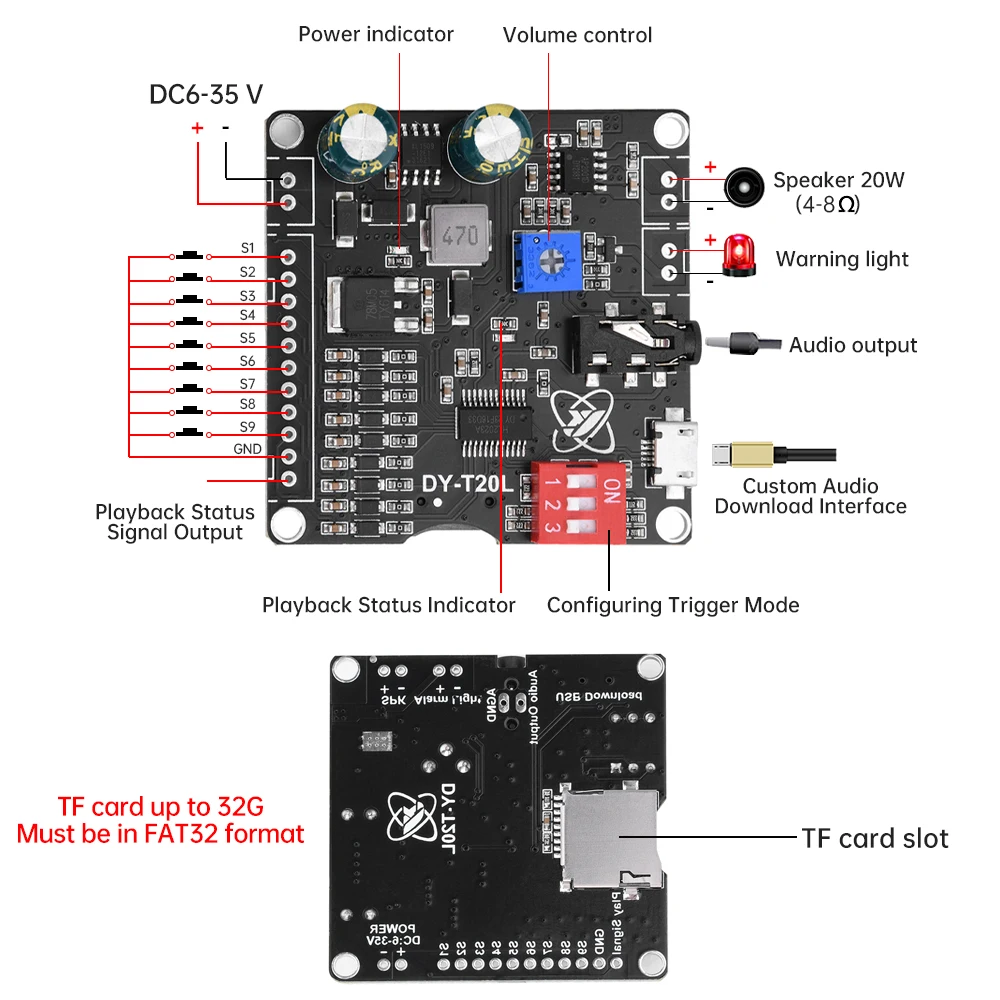 DY-T20L DC6-35V 10W/20W voice MP3 playback control module one-on-one trigger audio module supports USB flash drive TF-T20L Micro