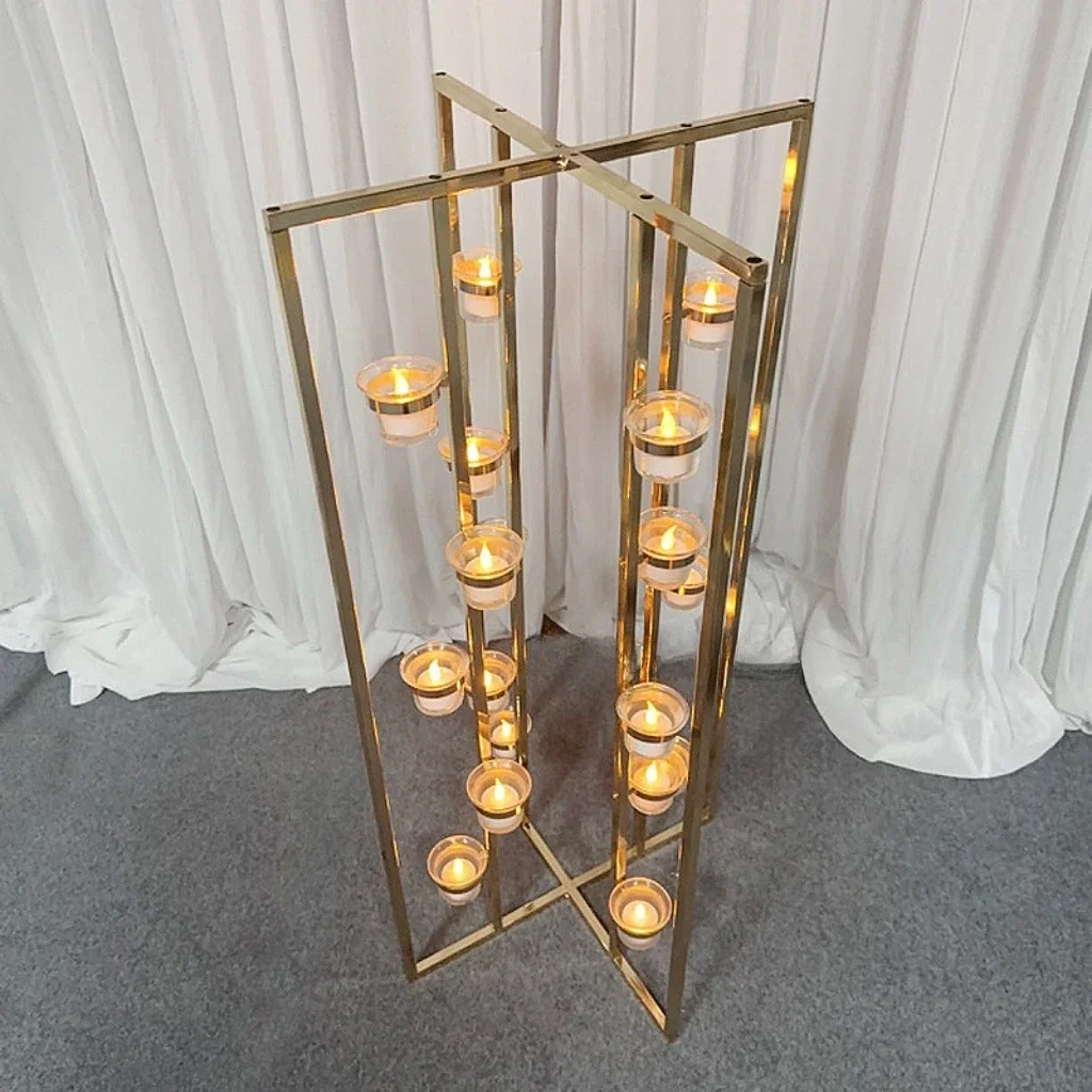 4 Golden Iron Rack Cup Candle Stand For Wedding Table Centerpiece Stage Roadside Flower Stand Flower Holder Backdrops Decoration