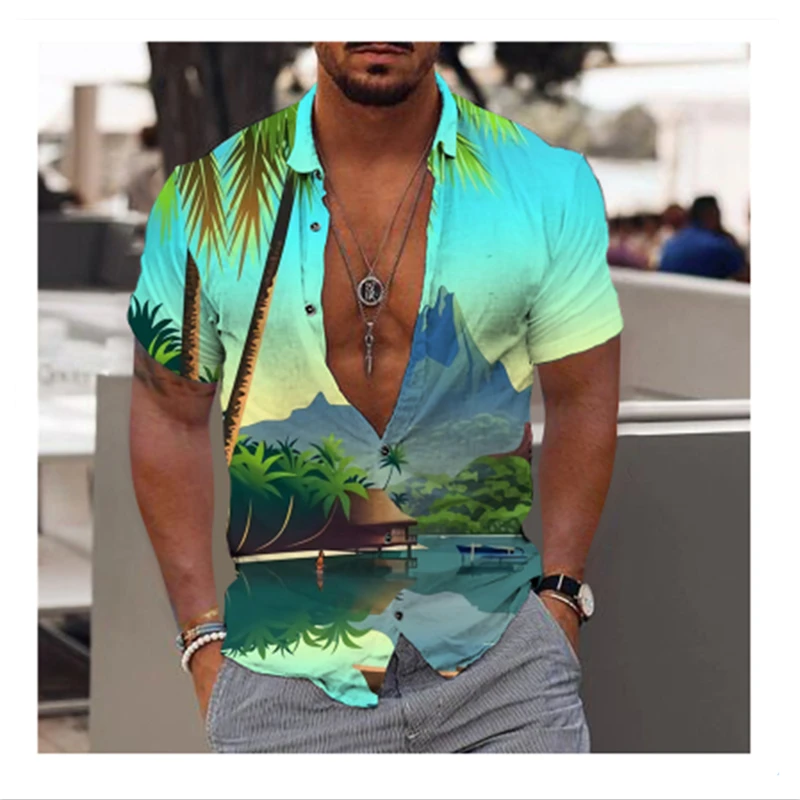 

2023Summer Hawaiian Shirts for Men Short Sleeve Beach Shirts Blouse Fashion 3D Coconut Tree Printed Beach Men's Shirt Aloha Tops