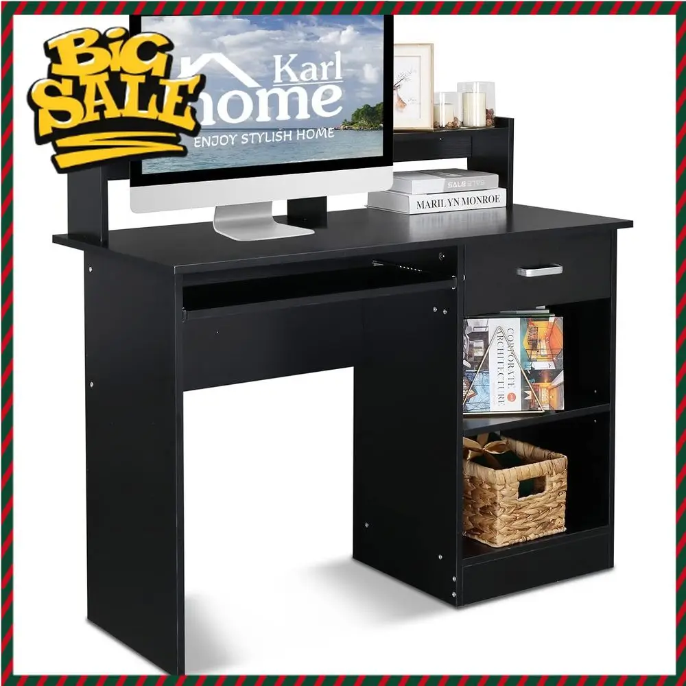 

Elegant Wooden Laptop Desk with Drawer Shelf, Home Office Writing Table, BlackLimited time