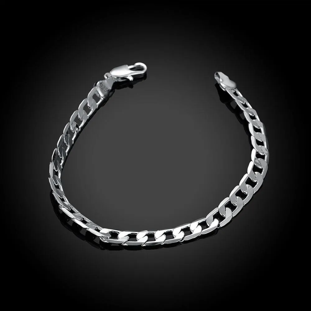 Hot stamped 925 Sterling silver Bracelets 6MM Flat sideways chain for women Wedding party fine Christmas Gifts fashion Jewelry