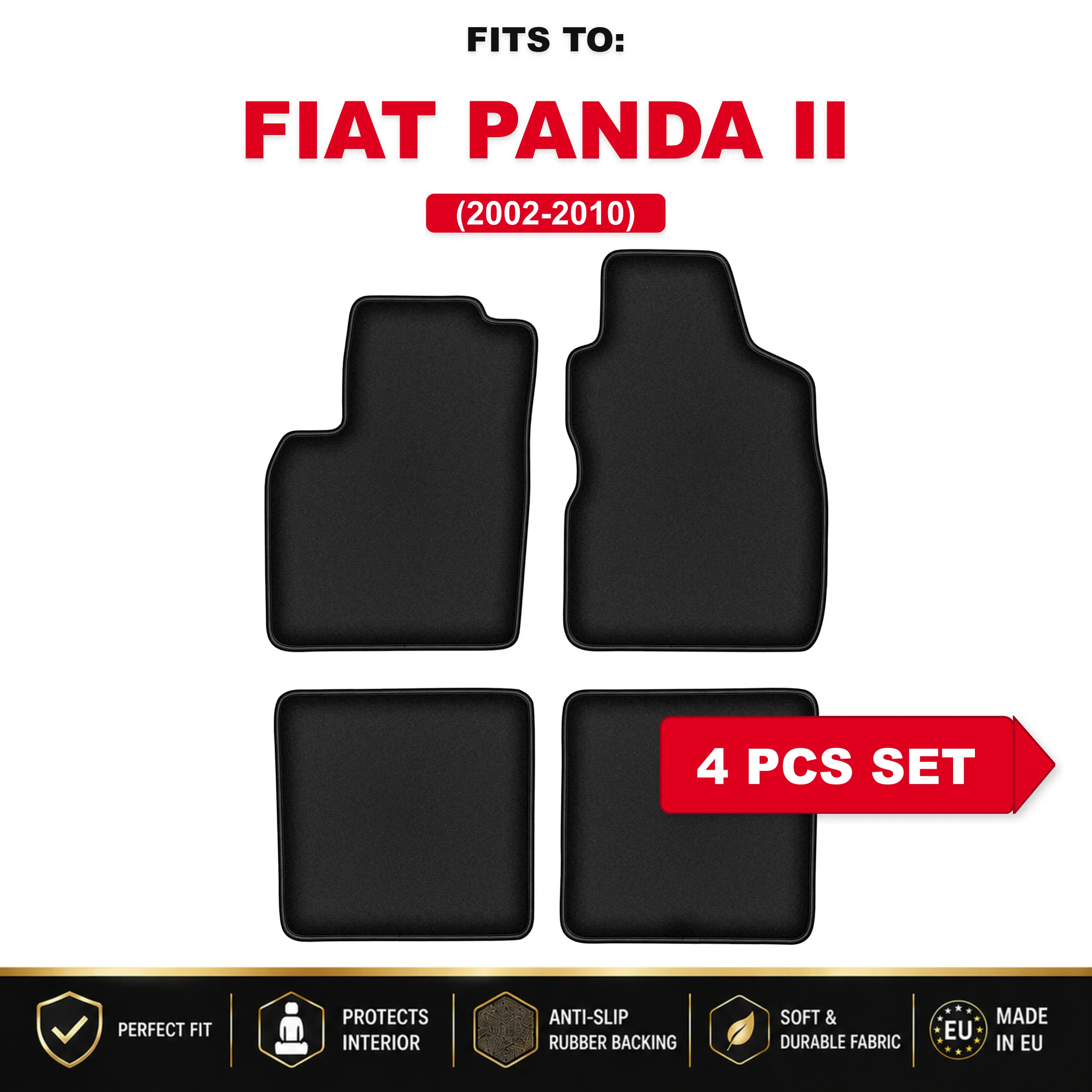 Zwarte velours autovloermatten, 4 stuks Voor: Fiat Panda II 2002-2010 bijpassende automattenset